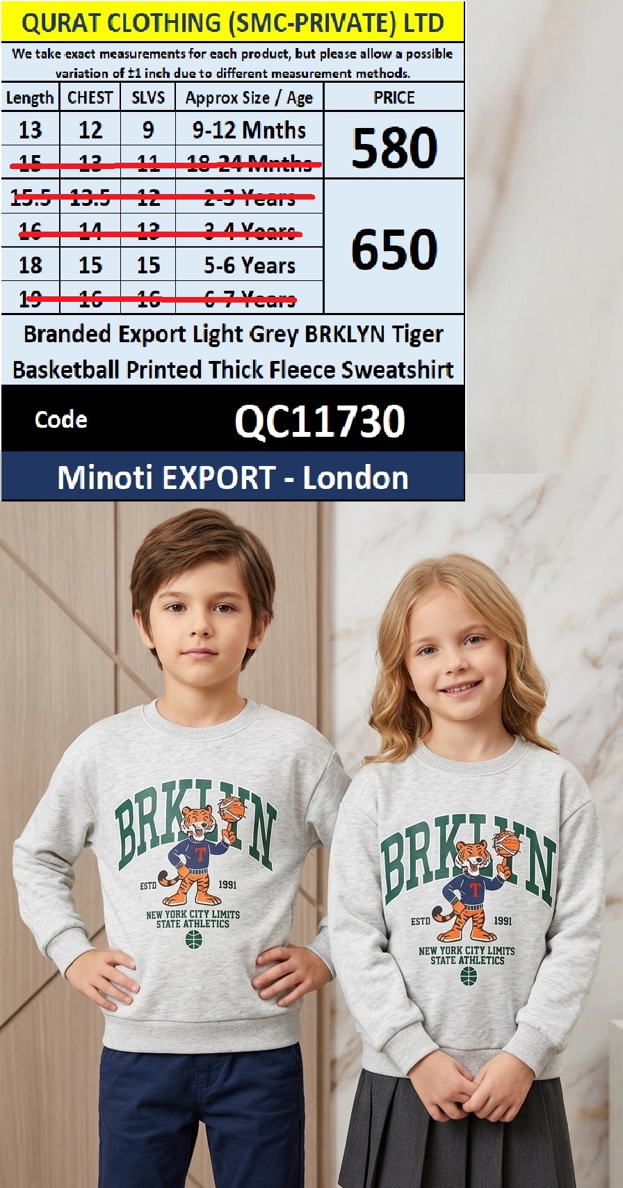 Branded Export Light Grey BRKLYN Tiger Basketball Printed Thick Fleece Sweatshirt QC11730