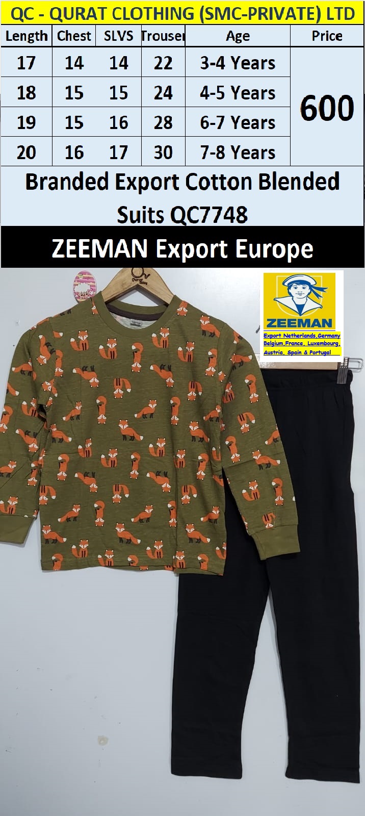 Branded Cotton Blended Suits QC7748 Brand Zeeman Export Europe