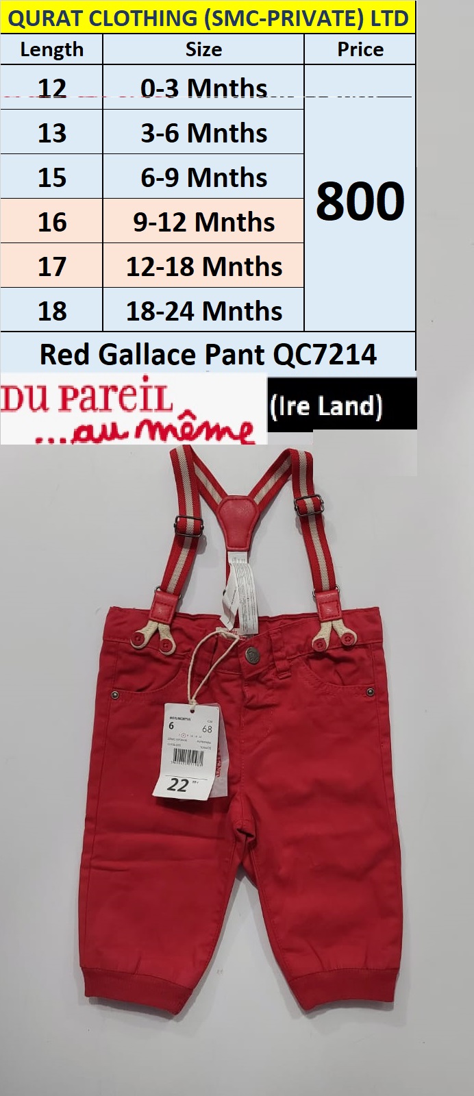 Red Gallace Pant QC7214 Brand Du Pareil Au Meme (Export Ireland) - -