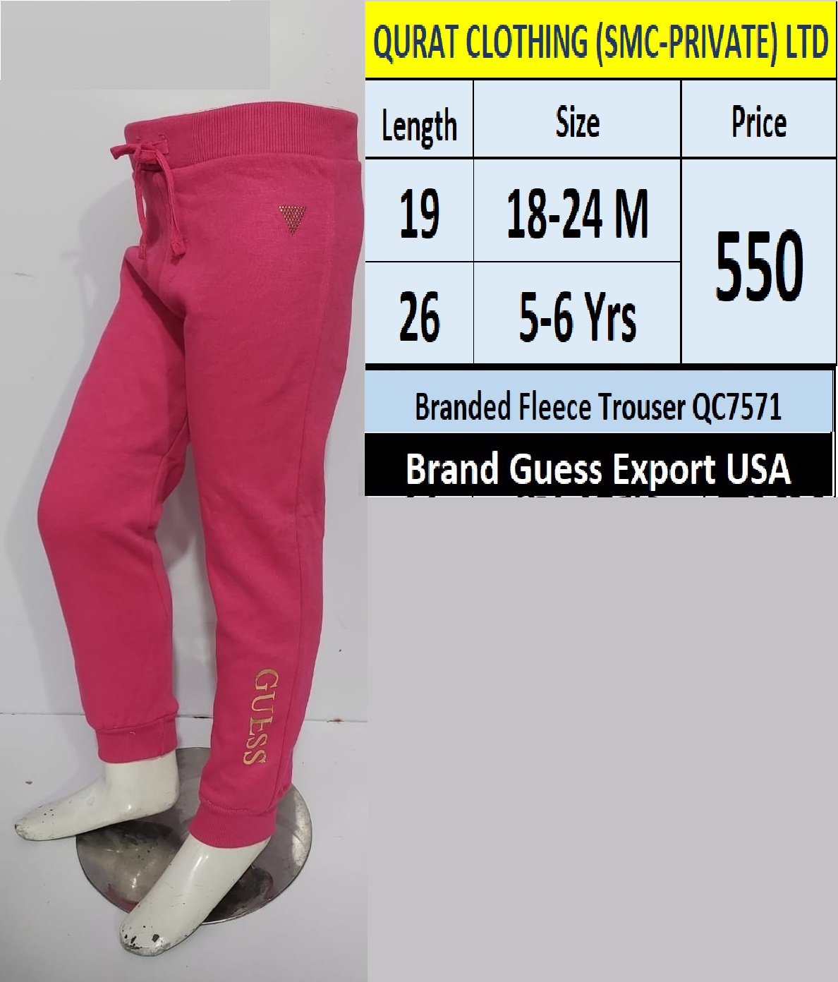 Guess Brand Fleece Trouser Export USA QC7571