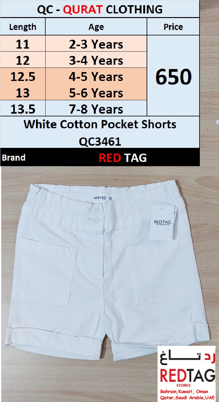 White Cotton Pocket Shorts QC34df61 Brand RED TAG (Export Arab Countries)