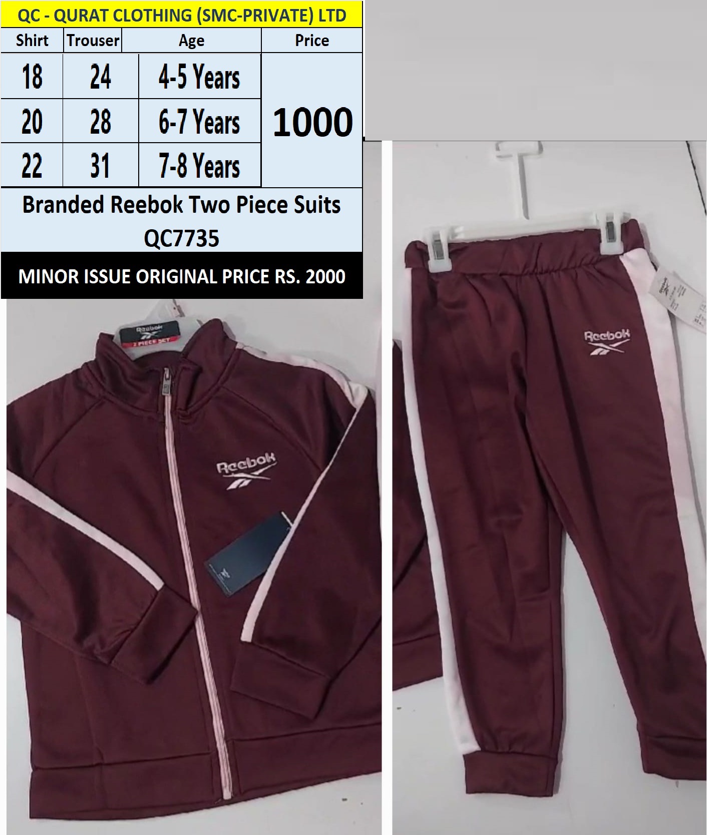 Branded Export Reebok Two Piece Suits QC7735