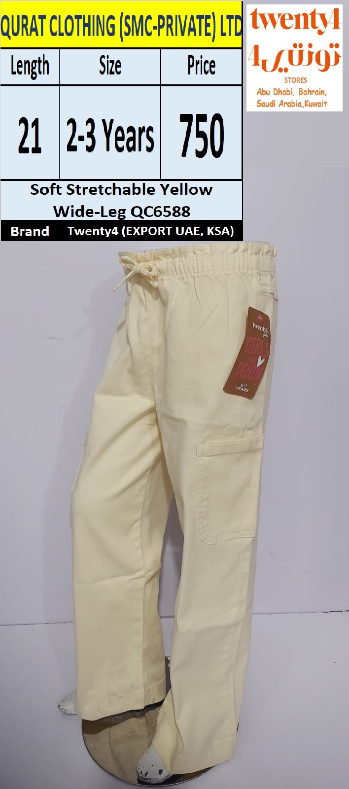 Soft Stretchable Yellow Wide-Leg QC6588 Brand Twenty4 (EXPORT UAE KSA & OTHERS)