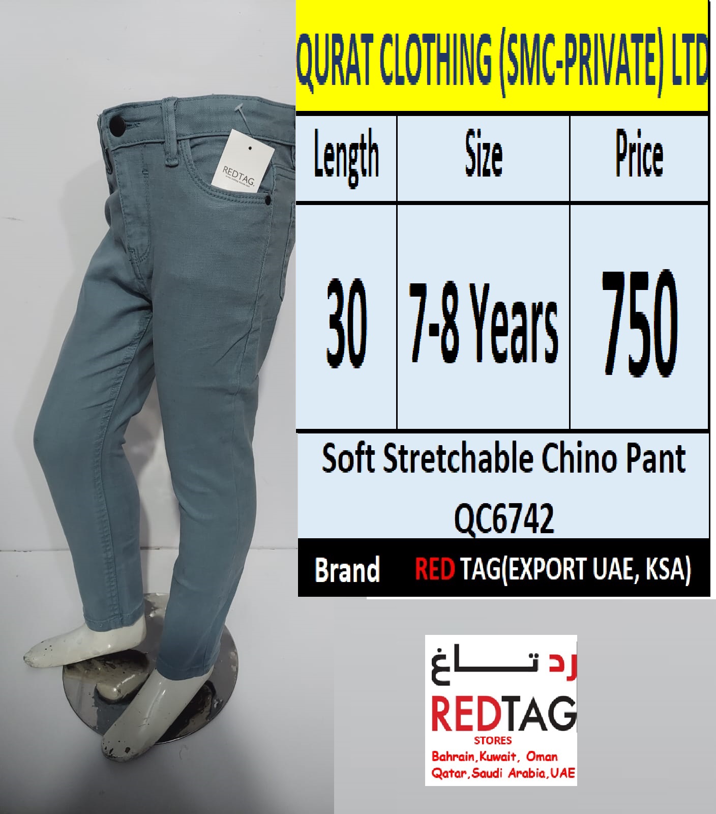 Soft Stretchable Chino Pant QC6742 Brand RED TAG (Export UAE, KSA & OTHERS)