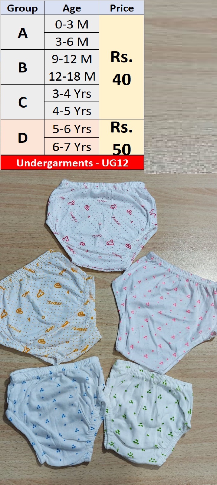 UNDERGARMENTS RANDOM COLORS WILL BE PROVIDED UG12