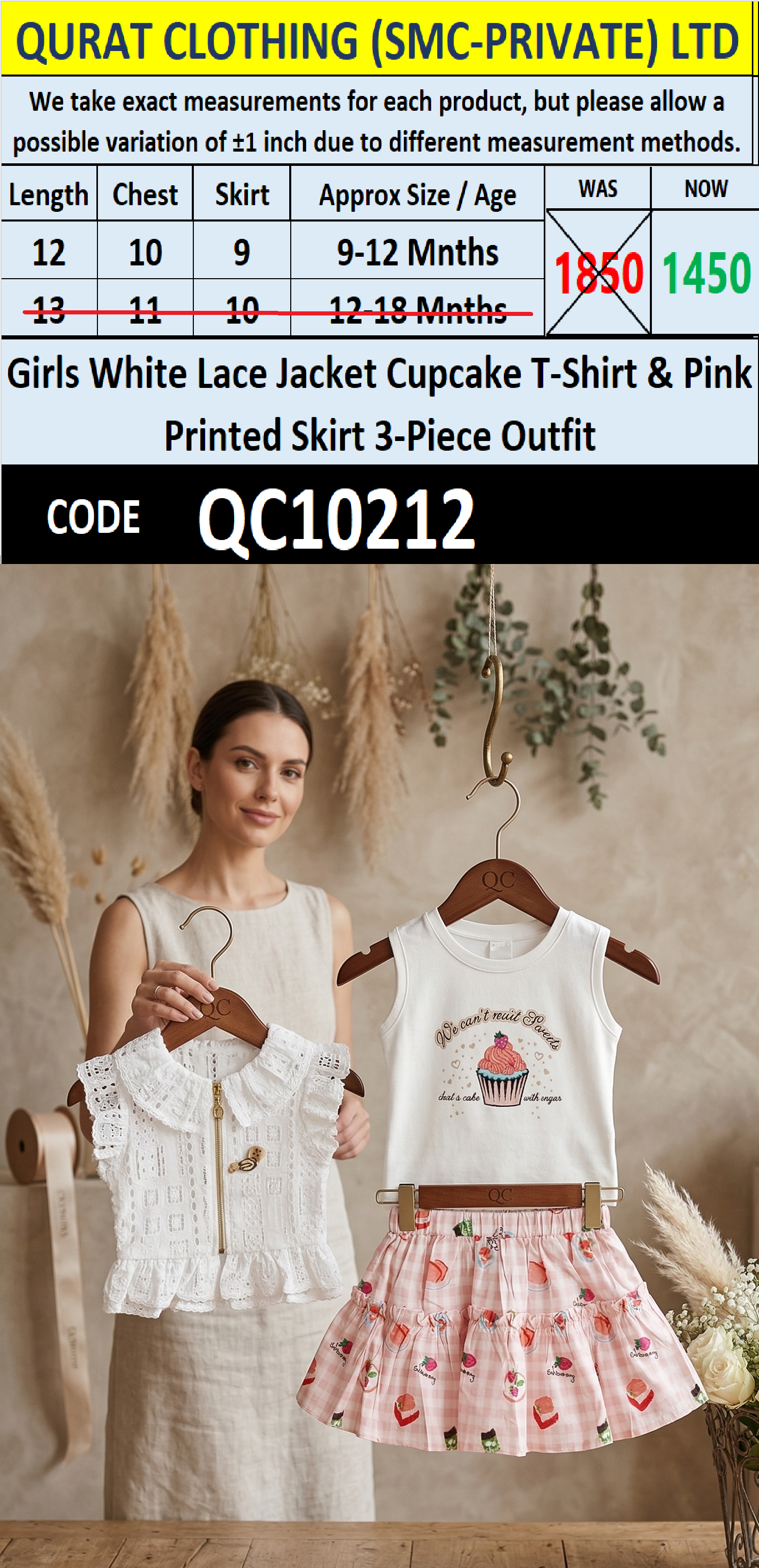 Girls White Lace Jacket Cupcake T-Shirt & Pink Printed Skirt 3-Piece Outfit – QC10212 - QC10212