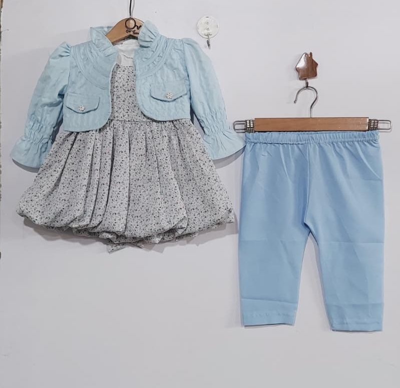 Sky Blue Floral Dress with Cropped Ruffle Jacket & Matching Trouser – Girls 3 Piece Outfit QC7070 - QC7070