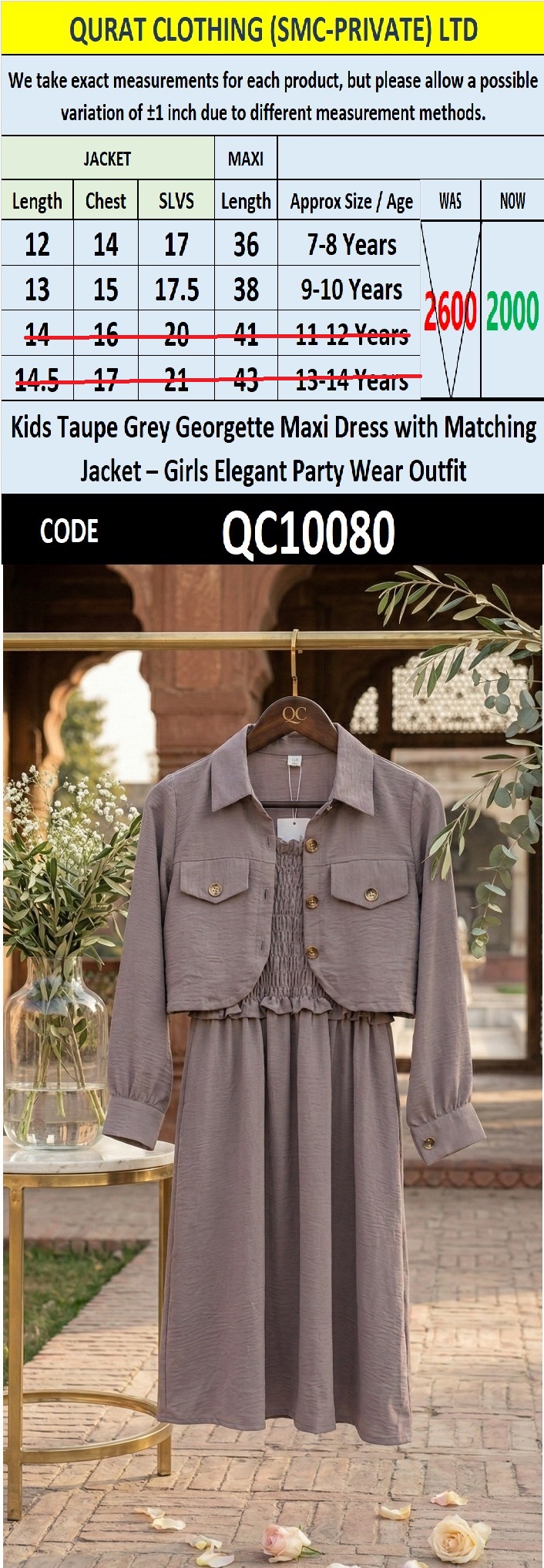 Kids Taupe Grey Georgette Maxi Dress with Matching Jacket – Girls Elegant Party Wear Outfit QC10080 - QC10080