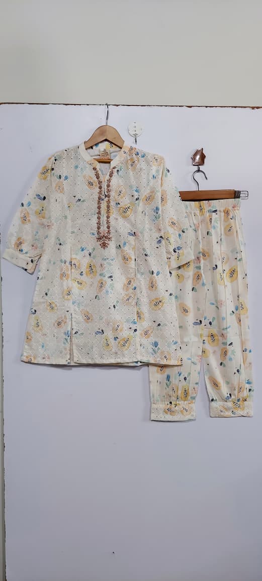 Cream Pastel Floral Embroidered Lawn Cotton Girls 2 Piece Suit – Elegant Kids Summer Wear QC10123 - QC10123