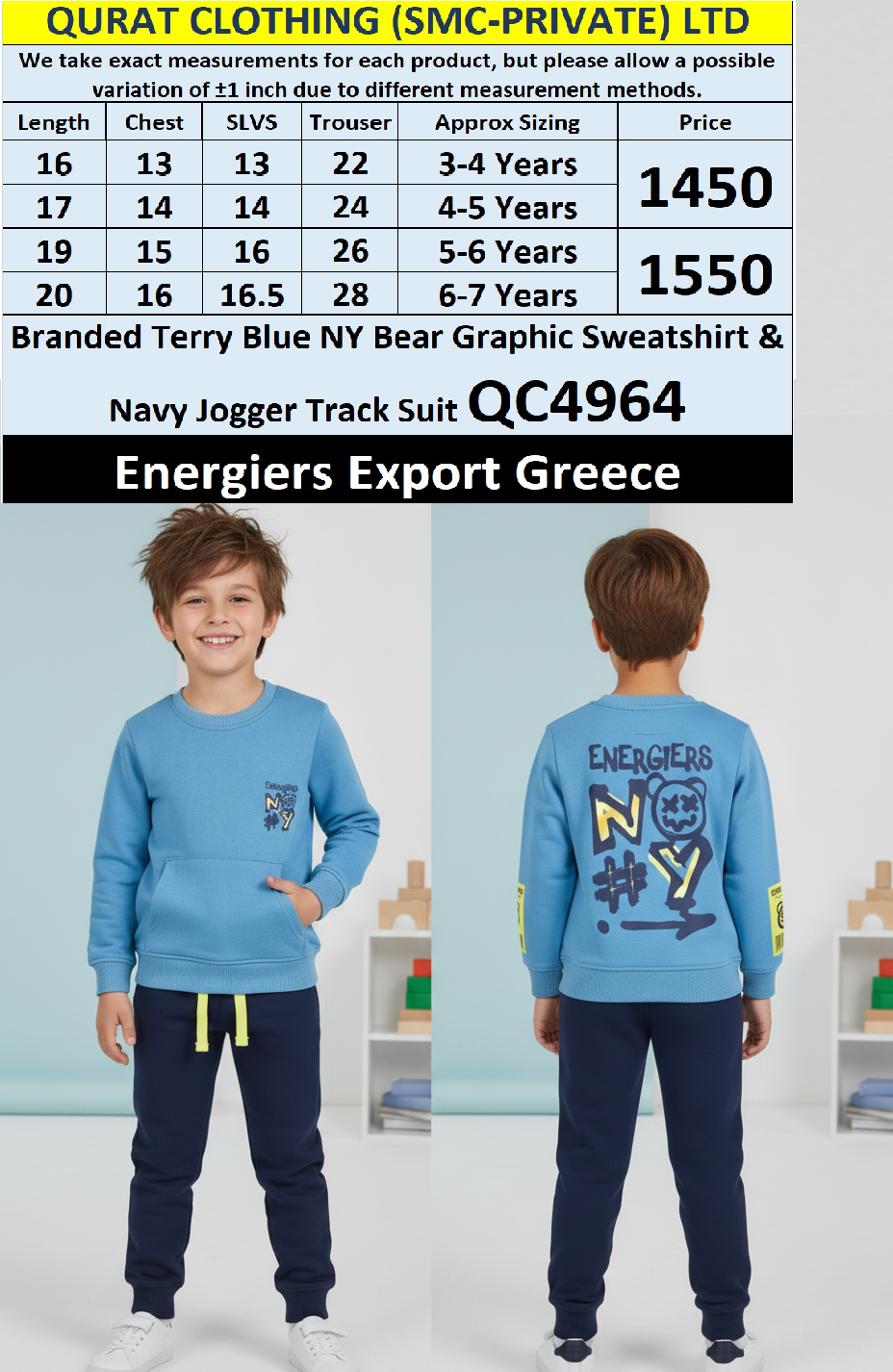 Energiers Brand Blue “NY Bear Graphic” Terry Sweatshirt & Navy Jogger Track Suit QC4964 – Export Greece - QC4964
