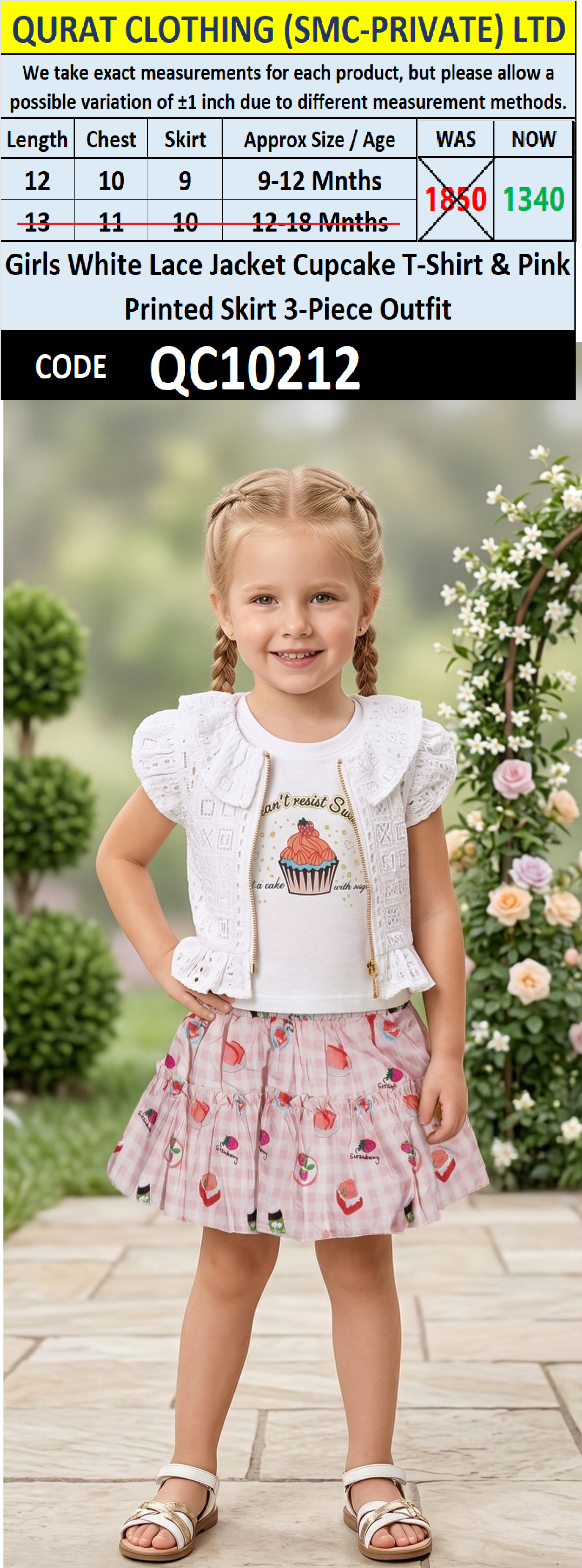 Girls White Lace Jacket Cupcake T-Shirt & Pink Printed Skirt 3-Piece Outfit – QC10212 - QC10212