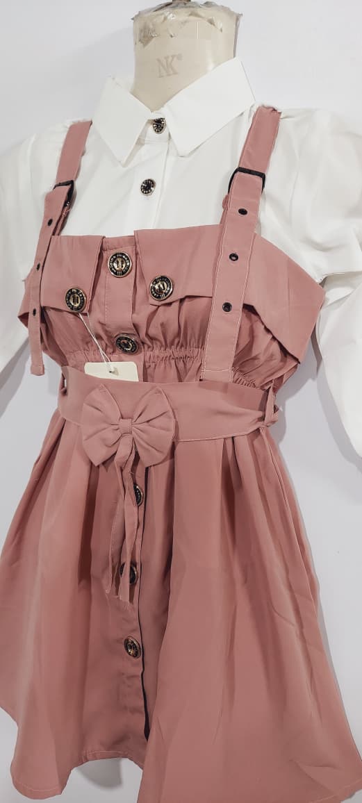 Dusty Rose Pinafore Dress Two Piece Set with White Button-Down Shirt & Bow Detail – QC6033 - QC6033