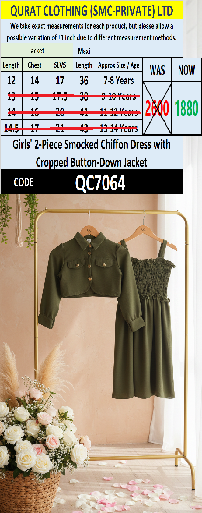 Girls Olive Green Smocked Chiffon Maxi Dress with Cropped Button-Down Jacket – 2 Piece Formal Set QC7064 - QC7064