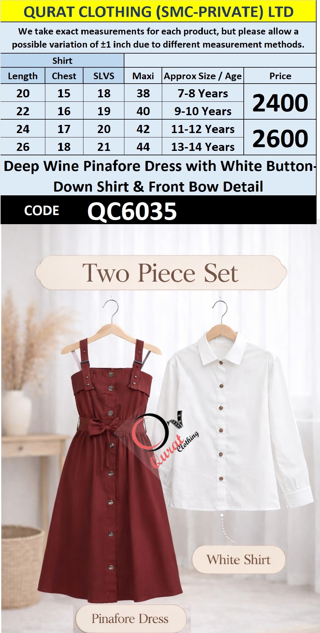 Deep Wine Pinafore Dress Two Piece Set with White Button-Down Shirt & Front Bow Detail – QC6035 - QC6035