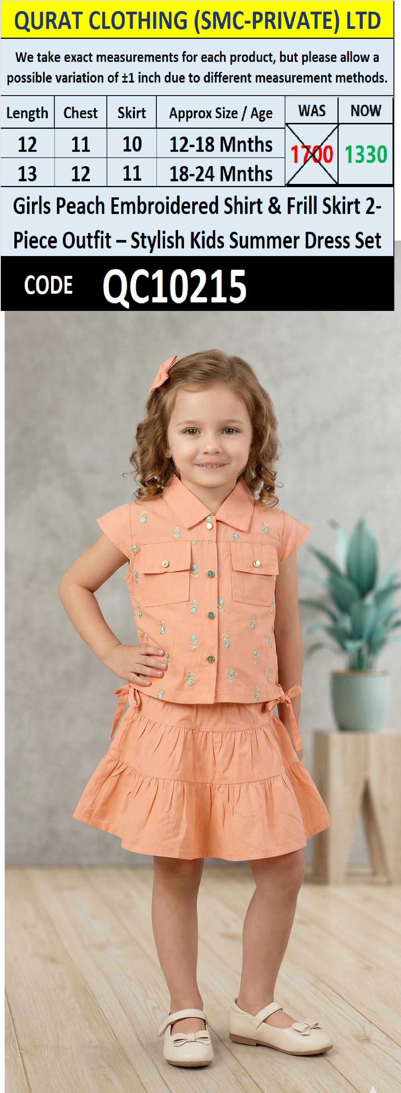 Girls Peach Embroidered Shirt & Frill Skirt 2-Piece Outfit – Stylish Kids Summer Dress Set – QC10215 - QC10215