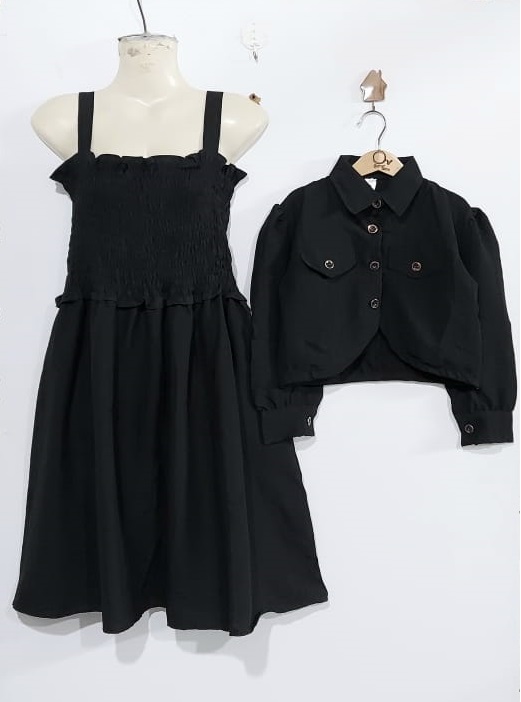 Black Georgette Two Piece Dress Set with Smocked Bodice & Cropped Button Jacket – QC6031 - QC6031