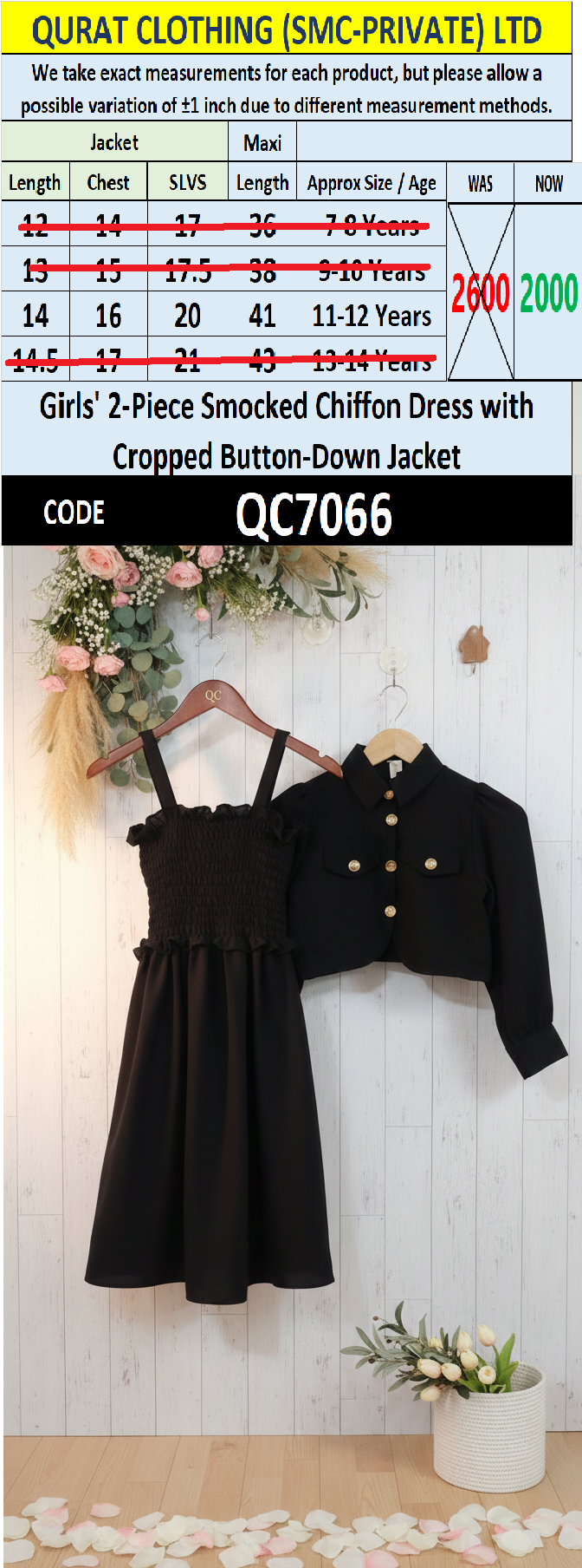Girls Classic Black Smocked Chiffon Maxi Dress with Cropped Button-Down Jacket – 2 Piece Formal Set QC7066 - QC7066
