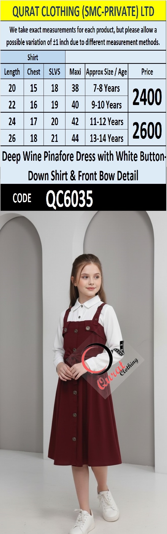 Deep Wine Pinafore Dress Two Piece Set with White Button-Down Shirt & Front Bow Detail – QC6035 - QC6035