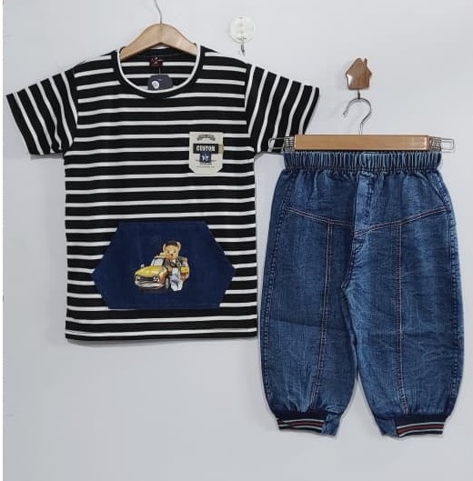 Black & White Striped Cotton T-Shirt with Cartoon Car Pocket & Denim Shorts Kids QC10282 - QC10282