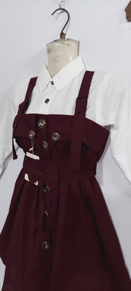 Maroon Pinafore Dress Two Piece Set with White Button-Down Shirt & Front Bow Detail – QC6034 - QC6034