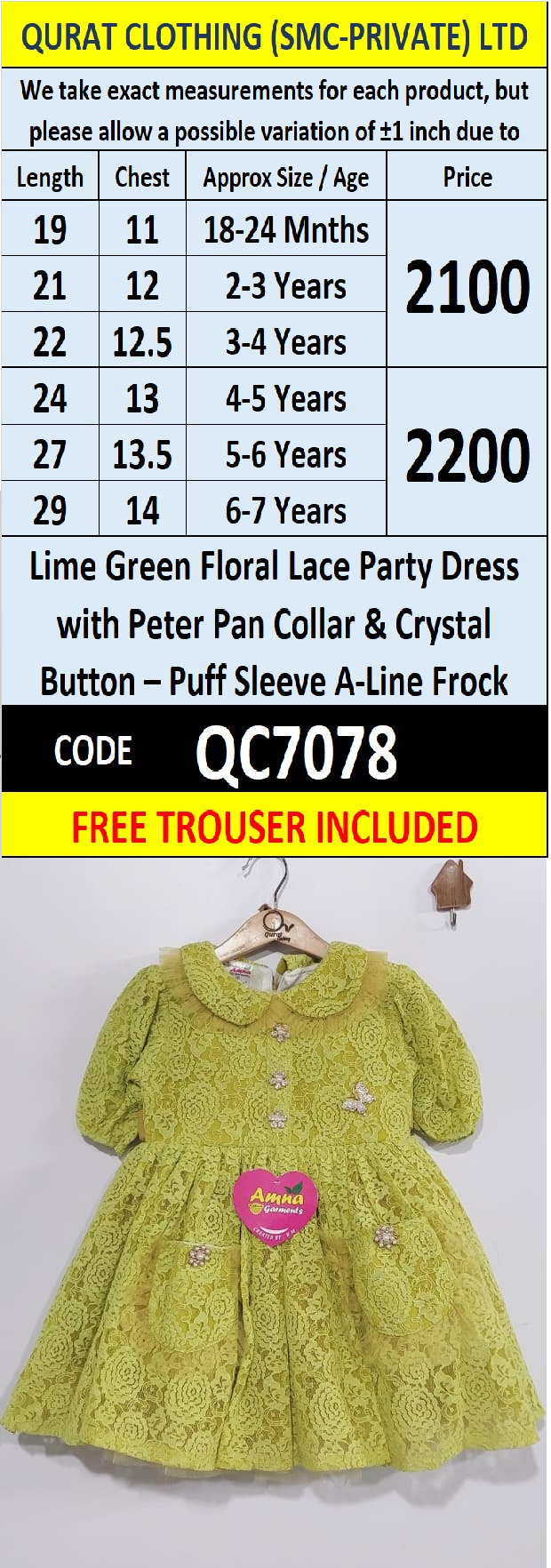 Lime Green Floral Lace Party Dress with Peter Pan Collar & Crystal Button – Puff Sleeve A-Line Frock QC7078 - QC7078