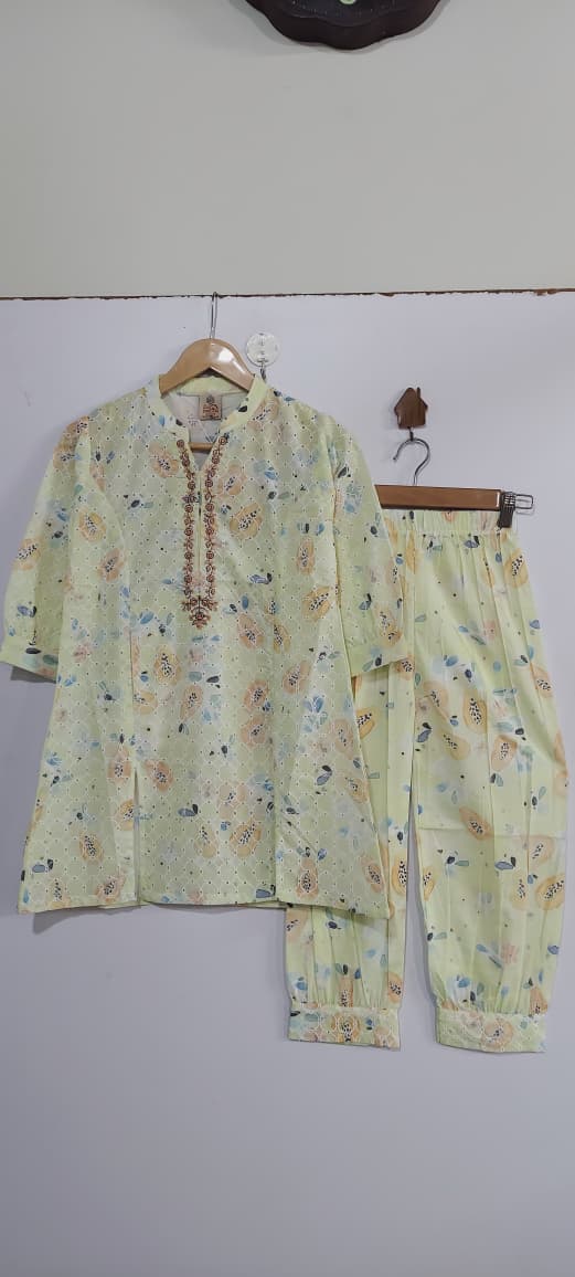 Light Lemon Yellow Floral Printed & Embroidered Lawn Cotton Girls 2 Piece Suit – Elegant Outfit QC10124 - QC10124