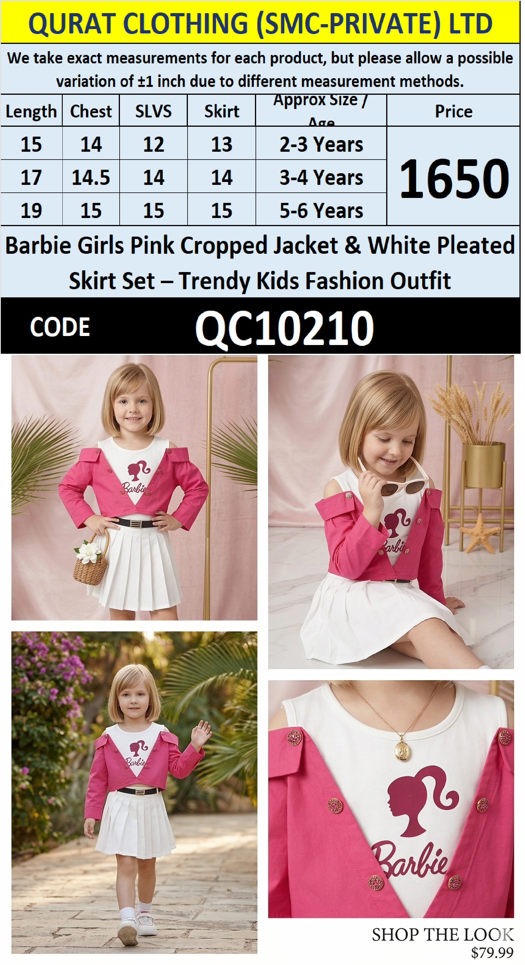 Barbie Girls Pink Cropped Jacket & White Pleated Skirt Set – Trendy Kids Fashion Outfit – QC10210 - QC10210
