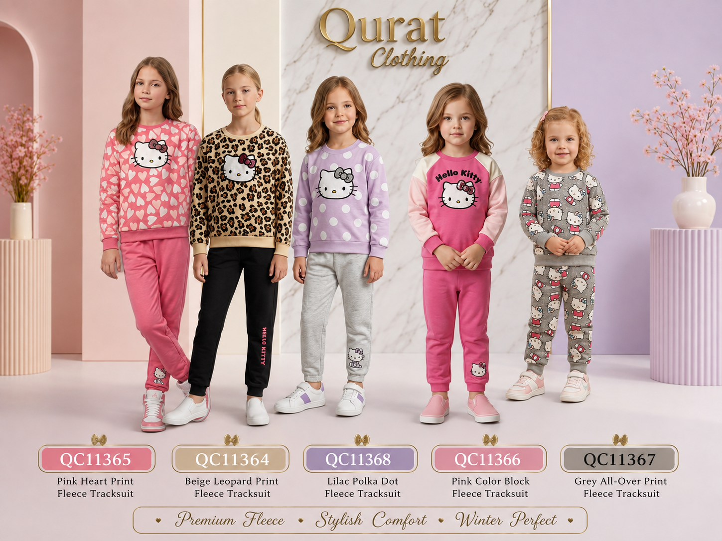 Girls Pink Heart Print Hello Kitty Fleece Winter Tracksuit – Hello Kitty Export Tokyo Japan QC11365 - QC11365