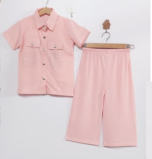 Girls Pink 3-Piece Shirt Jacket Set with Graphic Tee & Wide-Leg Trouser – QC10252 - QC10252