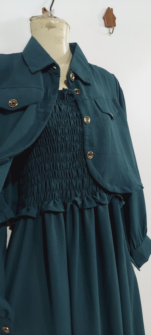 Emerald Green Soft Georgette Smocked Maxi Dress with Cropped Jacket – Elegant Modest Women’s Party Wear – QC7007 - QC7007