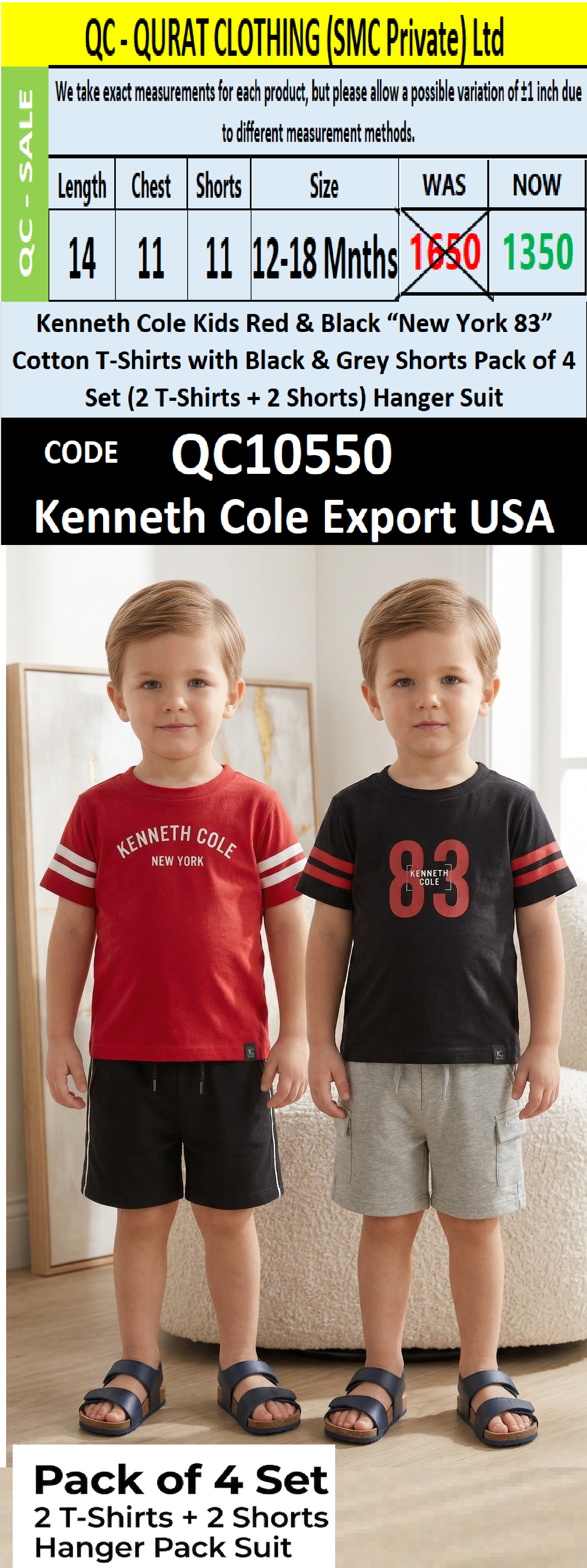 Kenneth Cole Kids Red & Black “New York 83” Cotton T-Shirts with Black & Grey Shorts Pack of 2 Set (2 T-Shirts + 2 Shorts) Hanger Suit Export USA QC10550 - QC10550