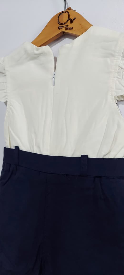 Girls Off-White & Navy Cotton Embroidered Jumpsuit – One Piece Summer Outfit QC7073 - QC7073