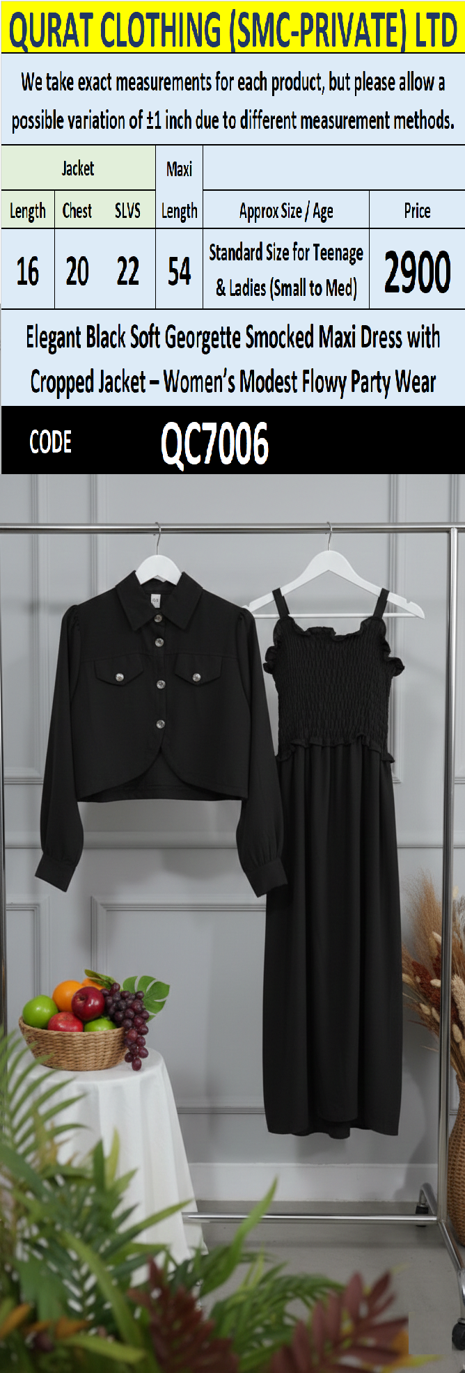 Elegant Black Soft Georgette Smocked Maxi Dress with Cropped Jacket – Women’s Modest Flowy Party Wear – QC7006 - QC7006