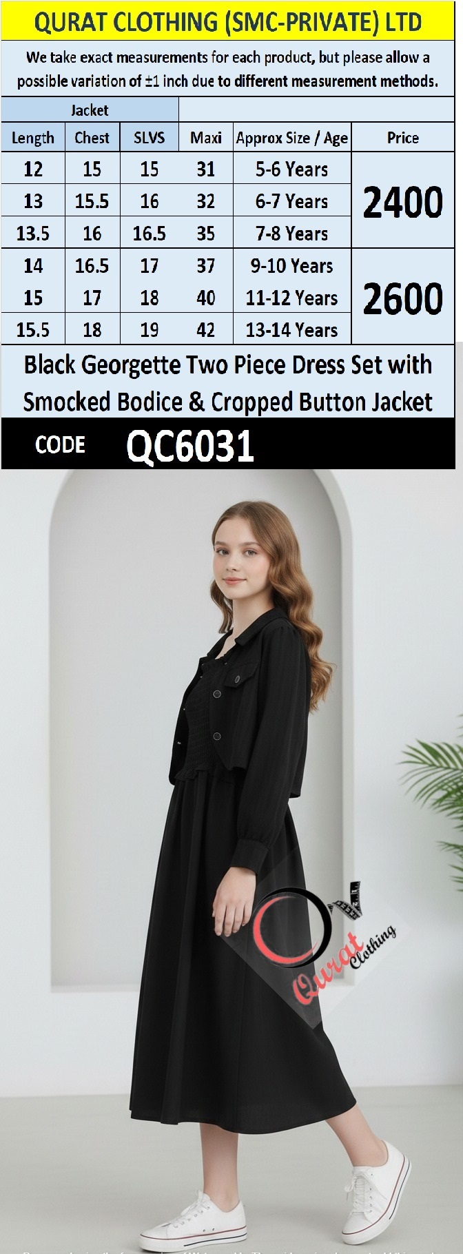 Black Georgette Two Piece Dress Set with Smocked Bodice & Cropped Button Jacket – QC6031 - QC6031