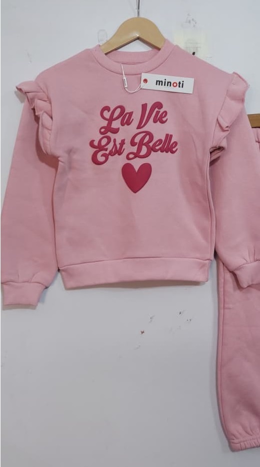 Branded Export Pink La Vie Est Belle Ruffle Thick Fleece 2-Piece Tracksuit Minoti EXPORT - London QC11739 - QC11739