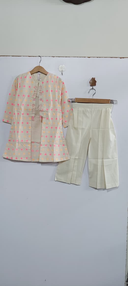 Girls Beige Ethnic Printed Jacket Kurti with Embroidered Inner Top & Palazzo Set – QC10249 - QC10249