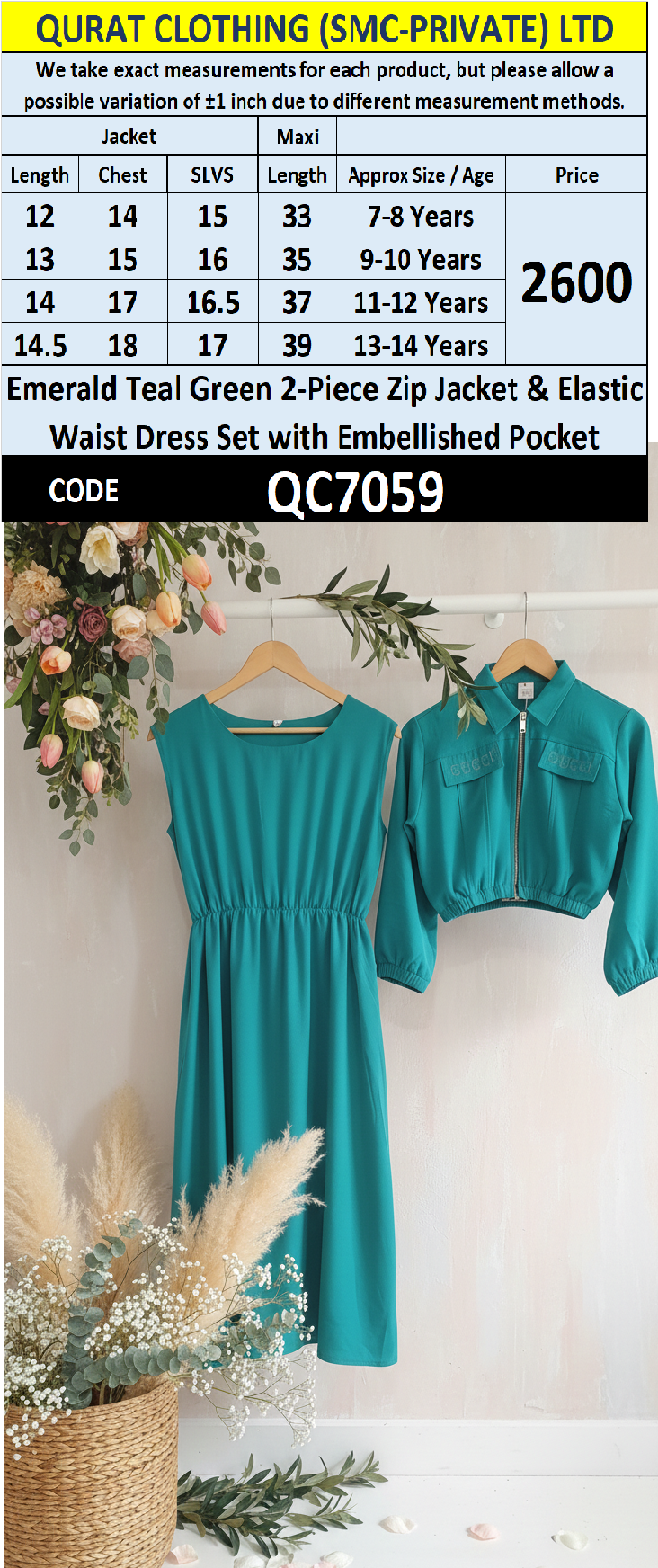 Emerald Teal Green Girls 2-Piece Zip Jacket & Elastic Waist Maxi Dress Set – Embellished Pocket Detail QC7059 - QC7059