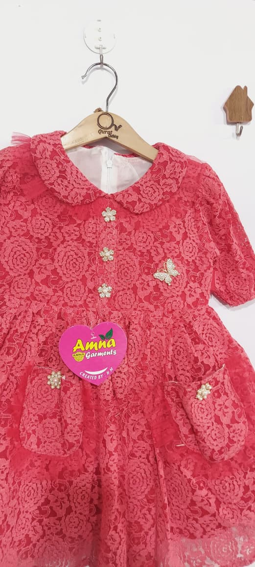 Coral Red Floral Lace Party Dress with Peter Pan Collar, Crystal Button & Butterfly – Puff Sleeve A-Line Frock QC7079 - QC7079