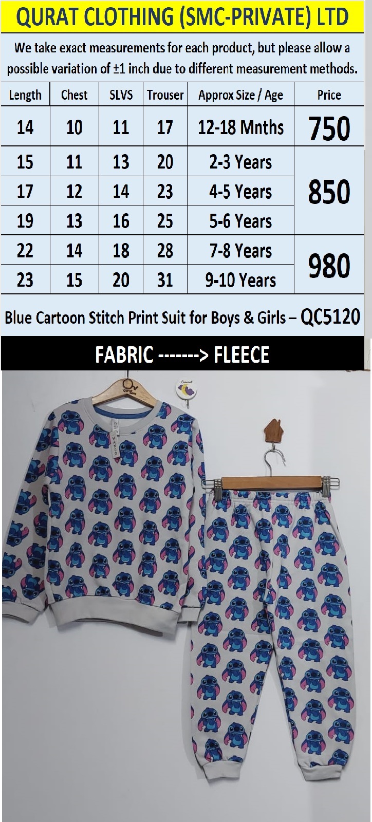 Blue Cartoon Stitch All-Over Print Fleece Suit for Boys & Girls – QC5120 - QC5120