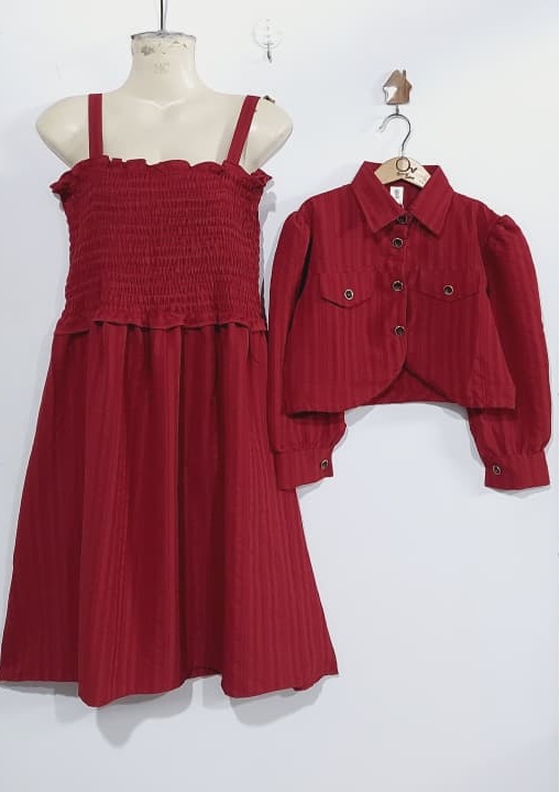 Maroon Georgette Two Piece Dress Set with Smocked Bodice & Cropped Button Jacket – QC6032 - QC6032