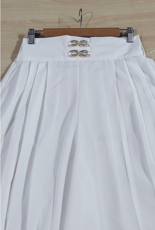 White Georgette Pleated Wide-Leg Plazo with Gold Double Buckle Waist – QC6041 - QC6041
