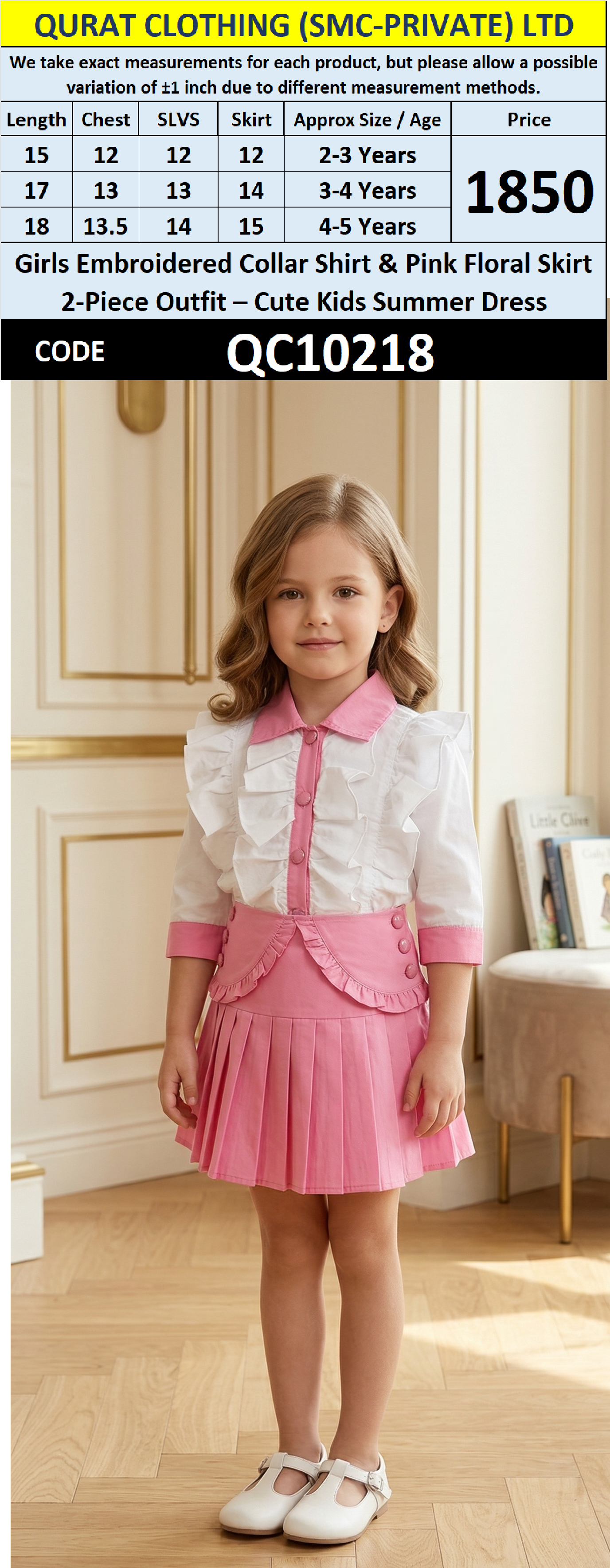 Girls Embroidered Collar Shirt & Pink Floral Skirt 2-Piece Outfit – Cute Kids Summer Dress – QC10218 - QC10218