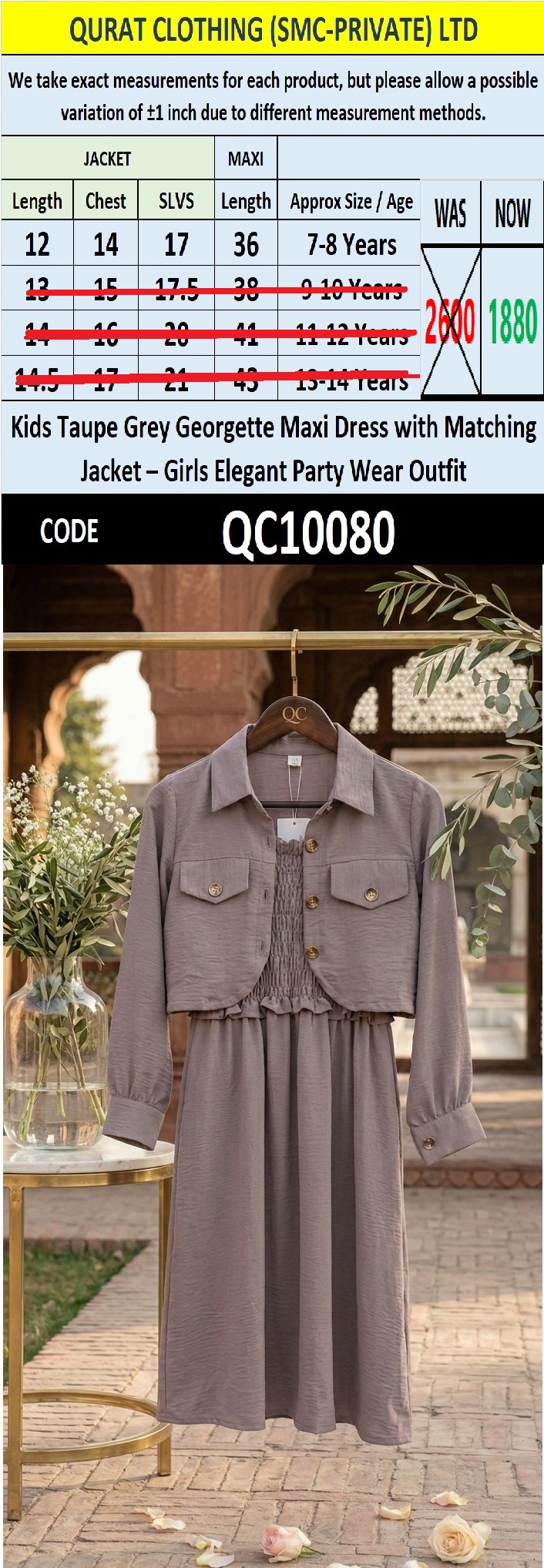Kids Taupe Grey Georgette Maxi Dress with Matching Jacket – Girls Elegant Party Wear Outfit QC10080 - QC10080
