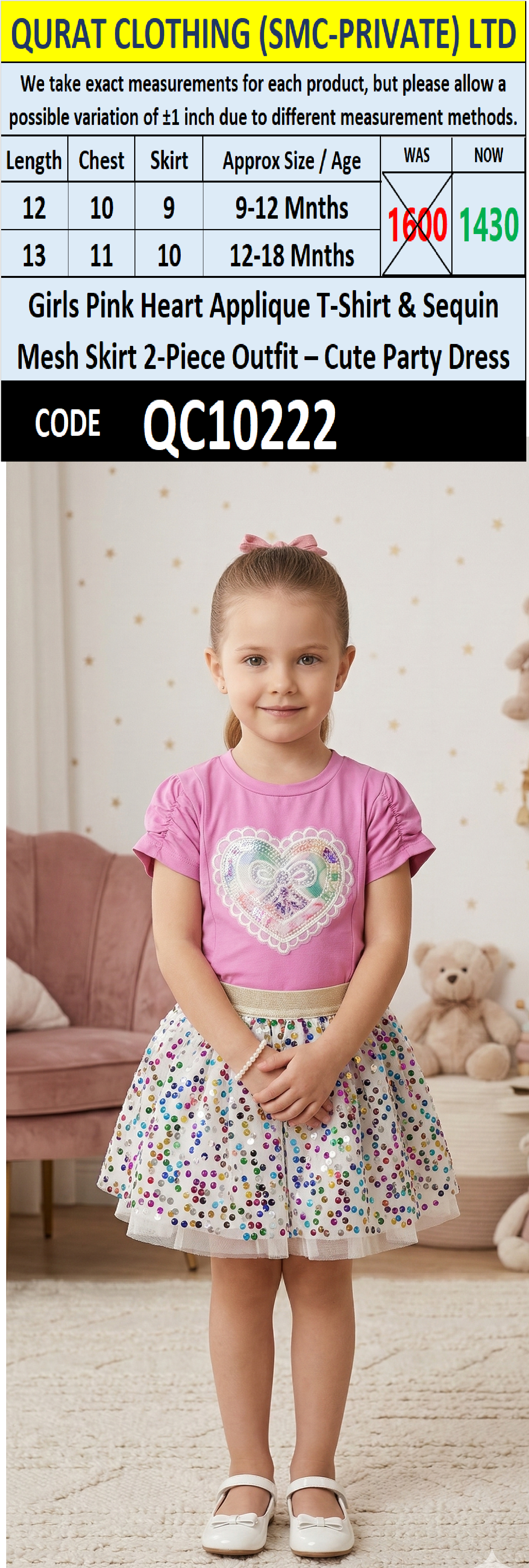 Girls Pink Heart Applique T-Shirt & Sequin Mesh Skirt 2-Piece Outfit – Cute Party Dress – QC10222 - QC10222
