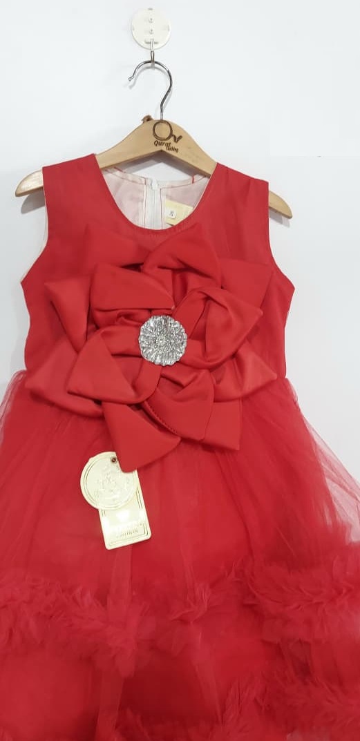 Girls Red Net Tulle Party Dress with 3D Flower & Layered Fluffy Hem QC8005 - QC8005