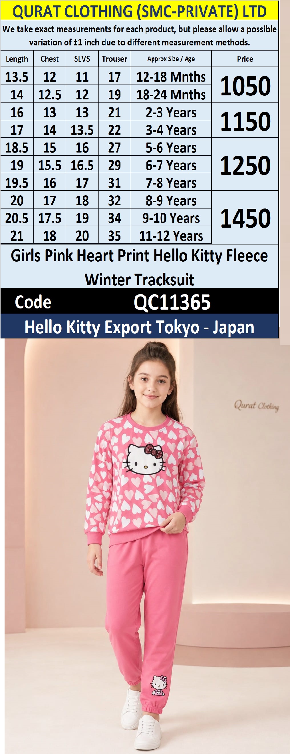 Girls Pink Heart Print Hello Kitty Fleece Winter Tracksuit – Hello Kitty Export Tokyo Japan QC11365 - QC11365