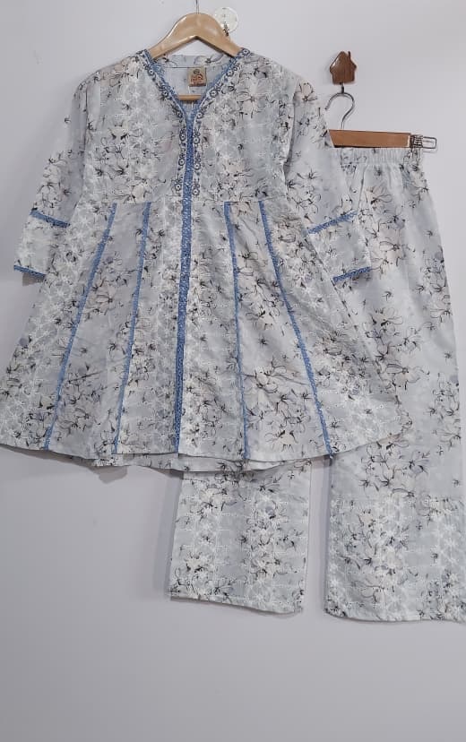 Soft Grey Floral Printed & Blue Embroidered Lawn Cotton Girls 2 Piece Suit – Elegant Collection QC10128 - QC10128