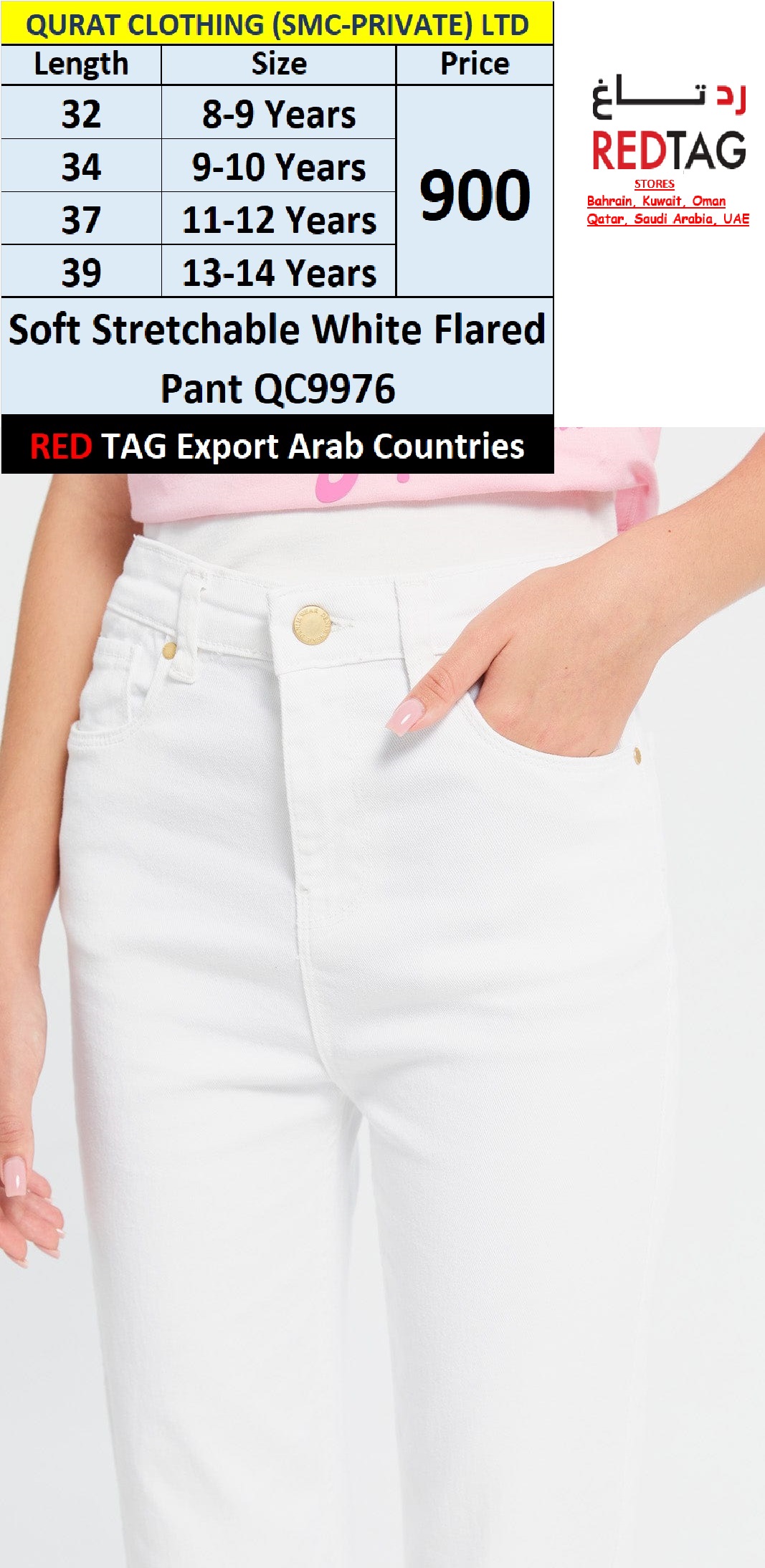 RED TAG Brand Soft Stretchable White Flared Pant QC9976, Export Arab Countries - QC9976