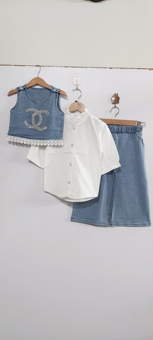 Designer Style Denim 3-Piece Set – Light Blue Crystal Logo Vest, White Shirt & Denim – QC10262 - QC10262