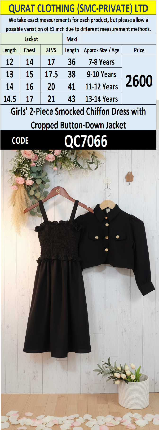Girls Classic Black Smocked Chiffon Maxi Dress with Cropped Button-Down Jacket – 2 Piece Formal Set QC7066 - QC7066